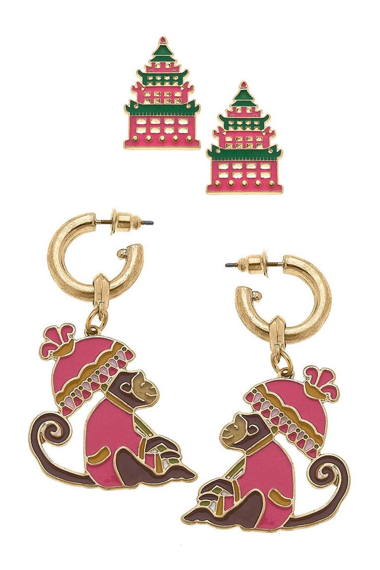 Tiffany Enamel Pagoda Stud and Remy Monkey Earring Set - Red/Brown - Red/Brown