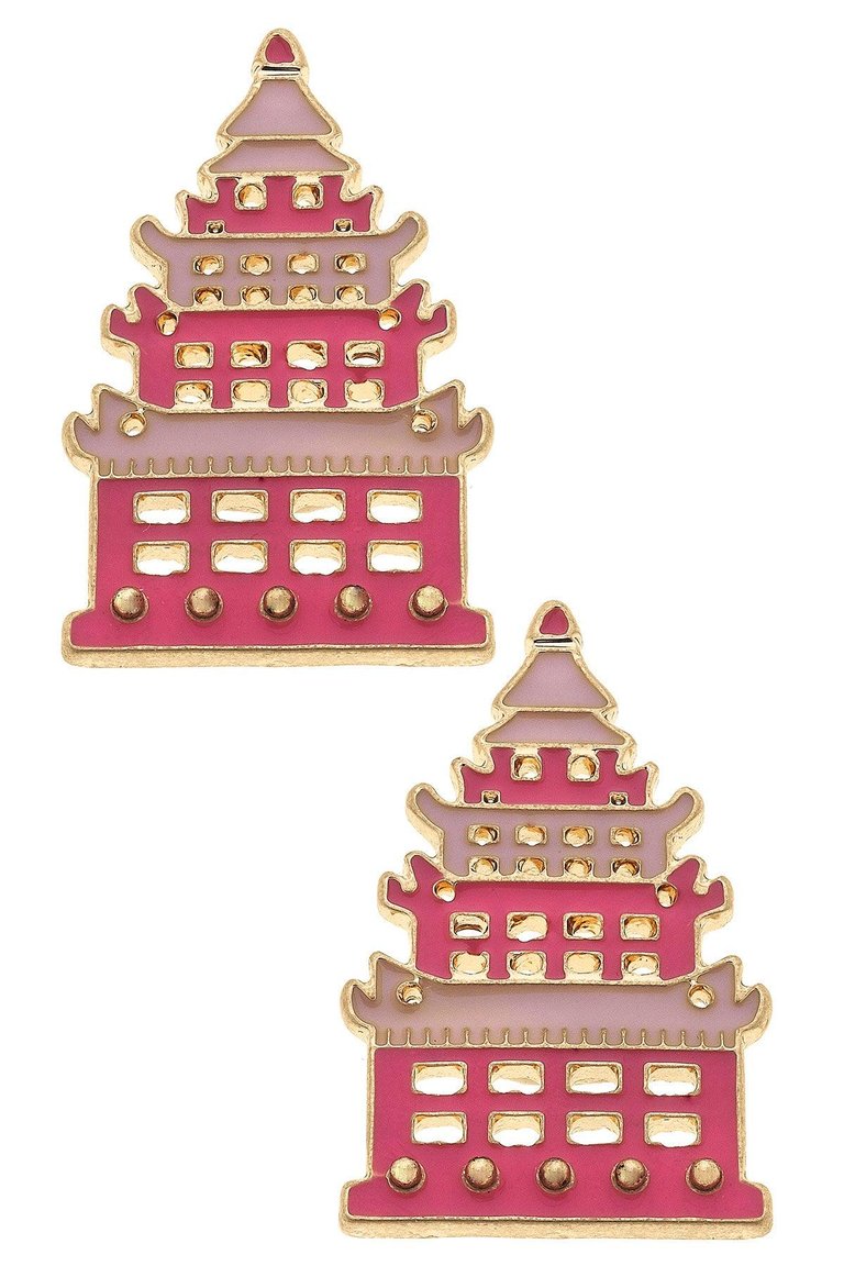 Tiffany Enamel Pagoda Stud Earrings - Pink & Red