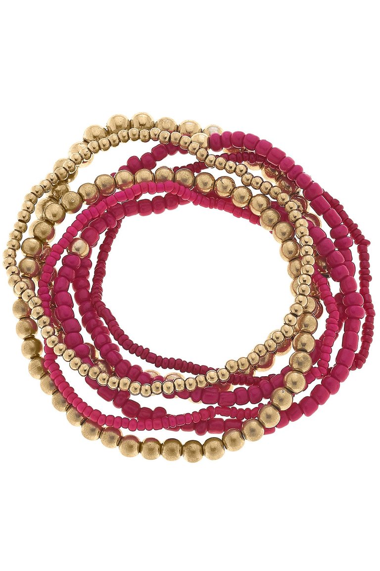 Tori Beaded Stretch Bracelets In Fuchsia - Set of 7 - Fuchsia