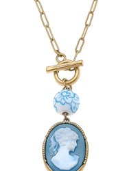 Vesper Cameo Pendant T-Bar Necklace in Wedgwood Blue - Blue