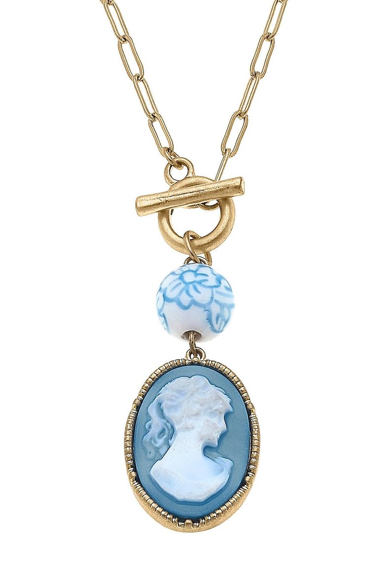 Vesper Cameo Pendant T-Bar Necklace in Wedgwood Blue - Blue