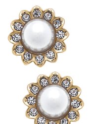 Walker Pearl and Pave Flower Stud Earrings in Ivory - Ivory