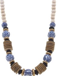 Winslow Blue & White Chinoiserie & Wood Necklace in Brown - Blue