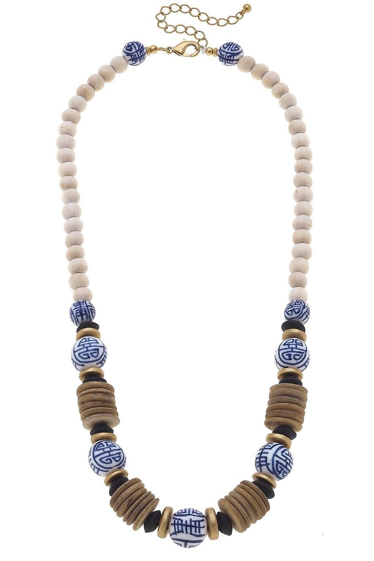 Winslow Blue & White Chinoiserie & Wood Necklace in Brown