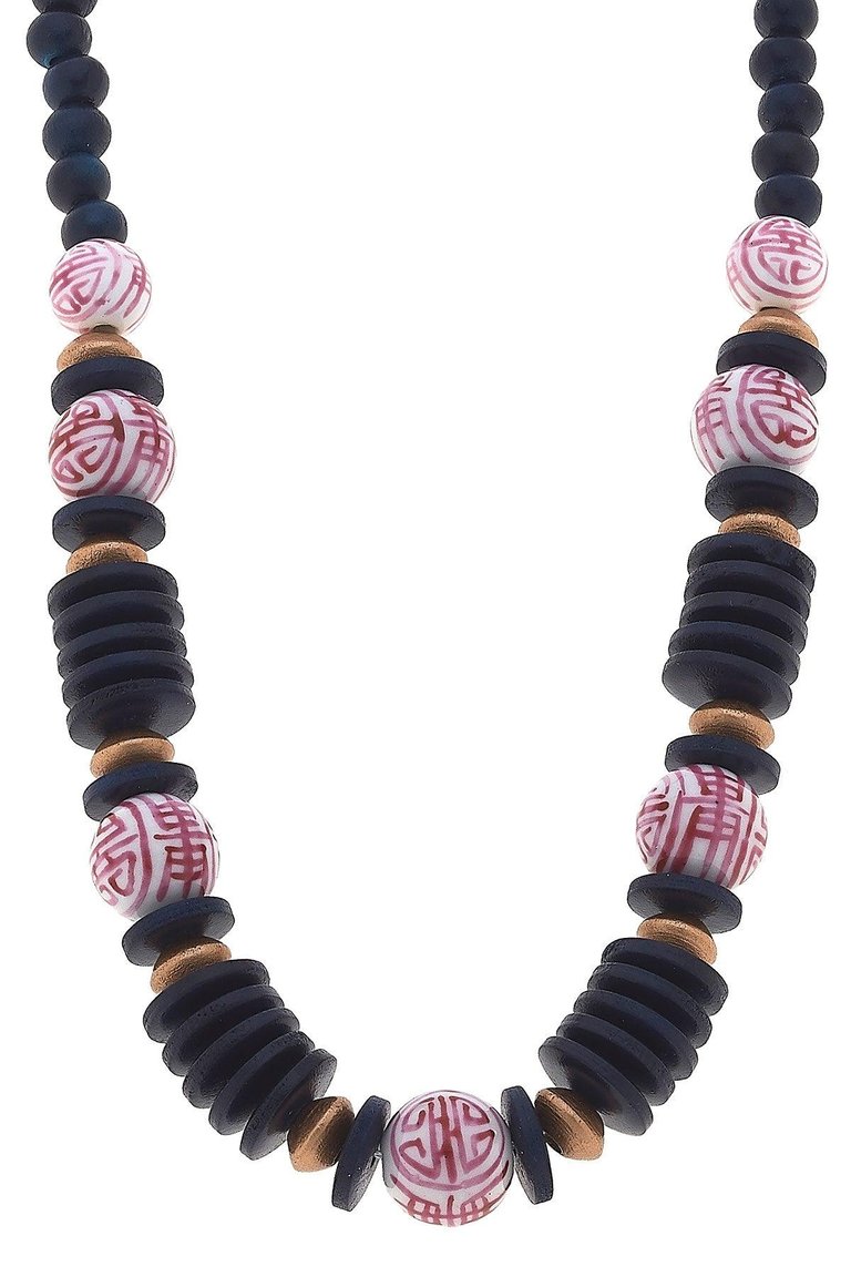 Winslow Pink & White Chinoiserie & Wood Necklace - Pink/White/Navy