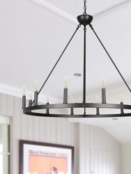 Ancora 12 Light Chandelier Wagon Wheel In Matte Black Steel Frame - 37" Wide