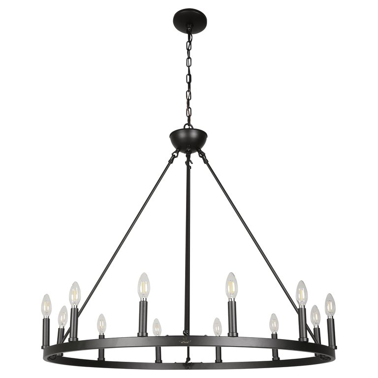 Ancora 12 Light Chandelier Wagon Wheel In Matte Black Steel Frame - 37" Wide - Matte Black