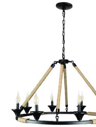 Hinnes Gothic Wagon Wheel Light Fixture With 8 Bulb Overhead Lighting And Vintage Rope Decor - Black