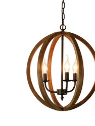 Karlis Rustic Globe Chandelier Light (3-Bulb) Round, Contemporary Steel Design With Wood Pattern Finish, Classic Home, Entryway And Foyer Decor