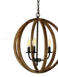 Karlis Rustic Globe Chandelier Light (3-Bulb) Round, Contemporary Steel Design With Wood Pattern Finish, Classic Home, Entryway And Foyer Decor - Brown