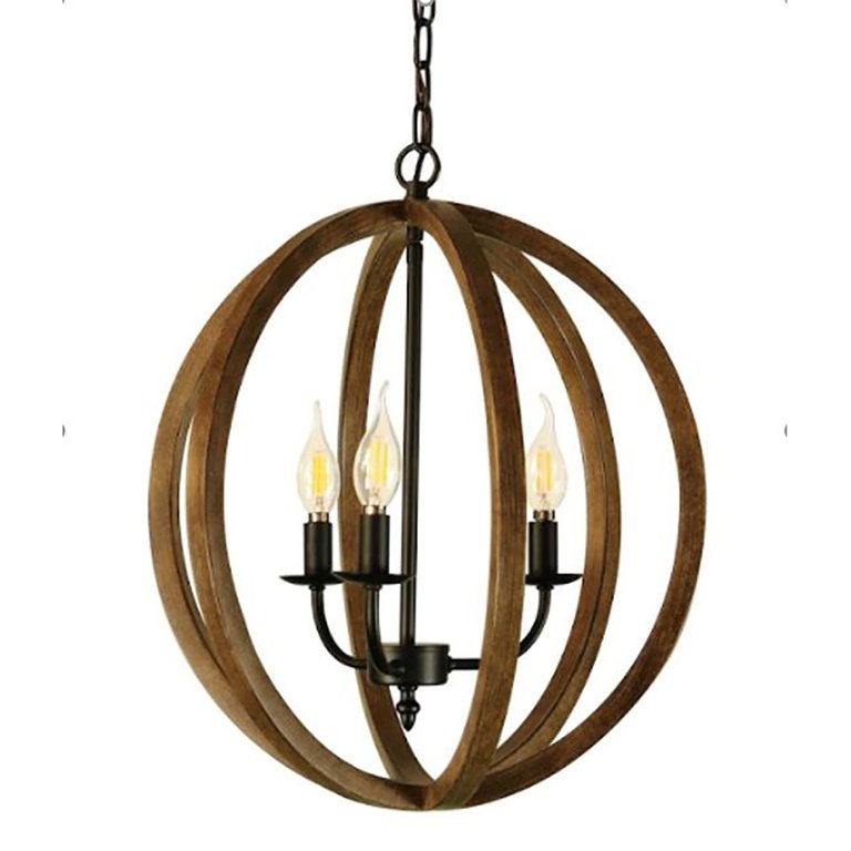 Karlis Rustic Globe Chandelier Light (3-Bulb) Round, Contemporary Steel Design With Wood Pattern Finish, Classic Home, Entryway And Foyer Decor - Brown