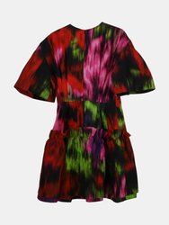 Carolina Herrera Women's Black/Multi Drop Pleat Slv Dress with Ruffle - 4