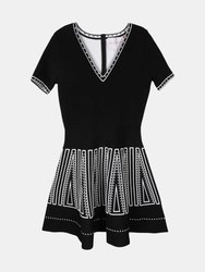 Carolina Herrera Women's Black Multi Short Sleeve V-Neck Fit and Flare Dress - Black Multi