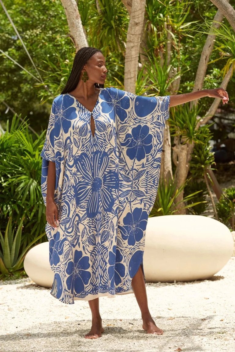 Xime Kaftan Dress - Etched Flower Blue