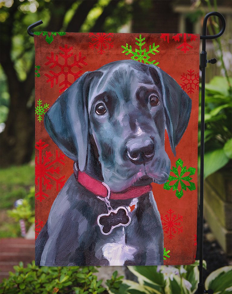 11 x 15 1/2 in. Polyester Black Great Dane Puppy Red Snowflakes Holiday Christmas Garden Flag 2-Sided 2-Ply