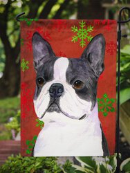 11 x 15 1/2 in. Polyester Boston Terrier Red Green Snowflakes Christmas Garden Flag 2-Sided 2-Ply