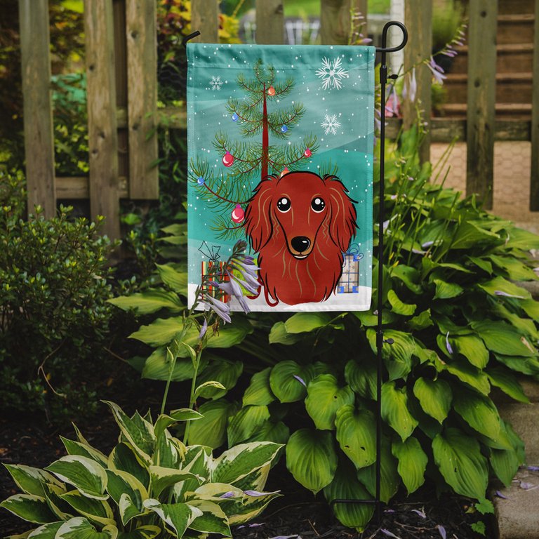 11 x 15 1/2 in. Polyester Christmas Tree and Longhair Red Dachshund Garden Flag 2-Sided 2-Ply