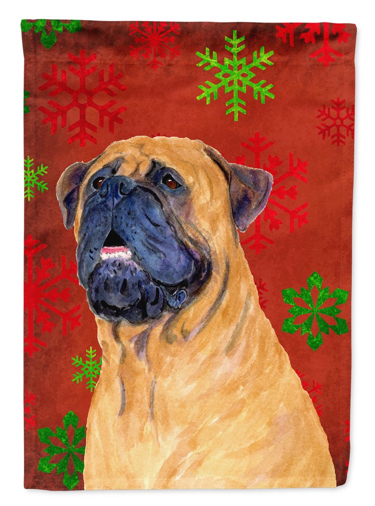 11 x 15 1/2 in. Polyester Mastiff Red and Green Snowflakes Holiday Christmas Garden Flag 2-Sided 2-Ply