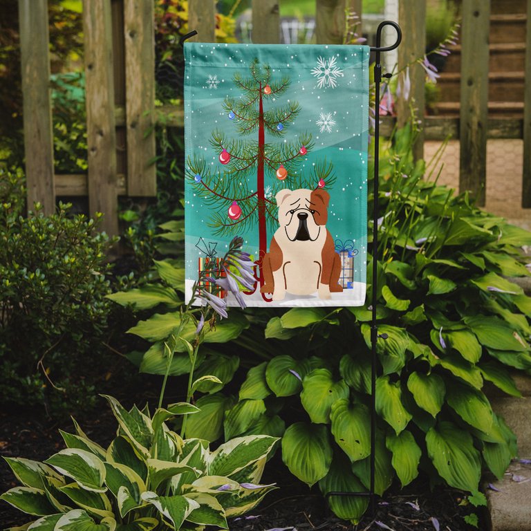 11 x 15 1/2 in. Polyester Merry Christmas Tree English Bulldog Fawn White Garden Flag 2-Sided 2-Ply