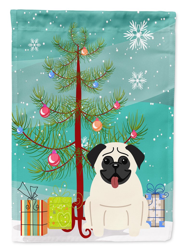 11 x 15 1/2 in. Polyester Merry Christmas Tree Pug Cream Garden Flag 2-Sided 2-Ply