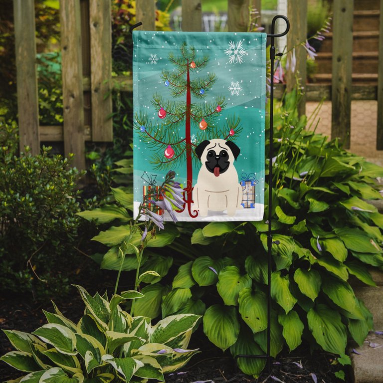 11 x 15 1/2 in. Polyester Merry Christmas Tree Pug Cream Garden Flag 2-Sided 2-Ply
