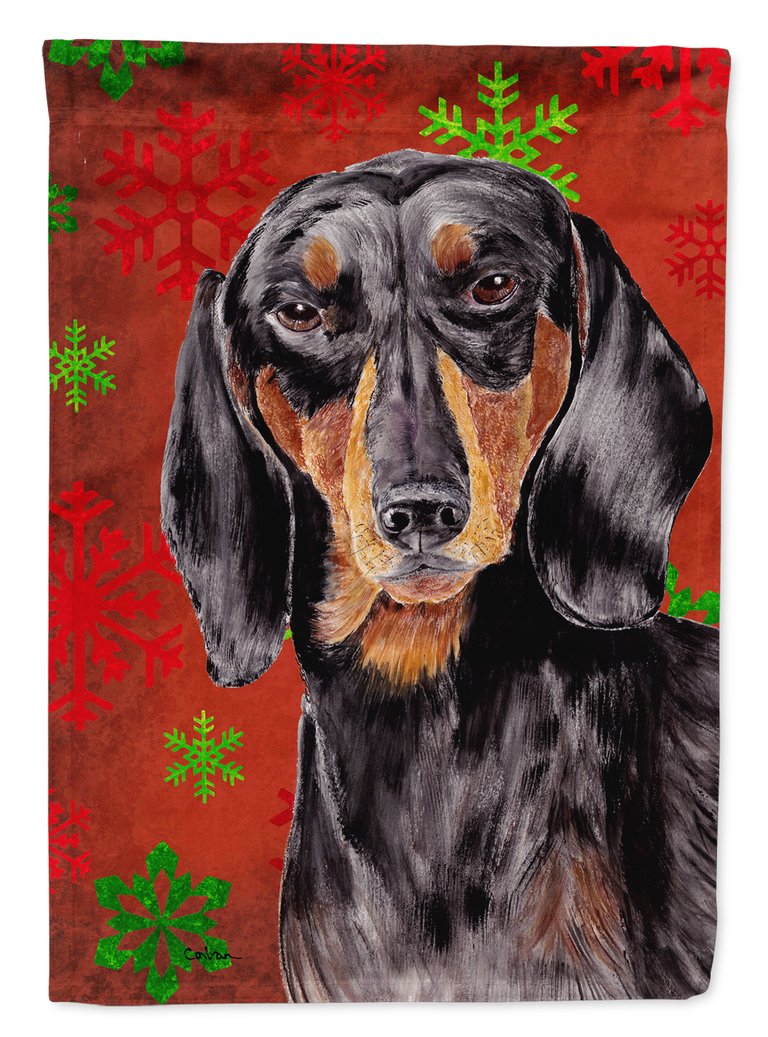 11" x 15 1/2" Polyester Dachshund Red And Green Snowflakes Holiday Christmas Garden Flag 2-Sided 2-Ply