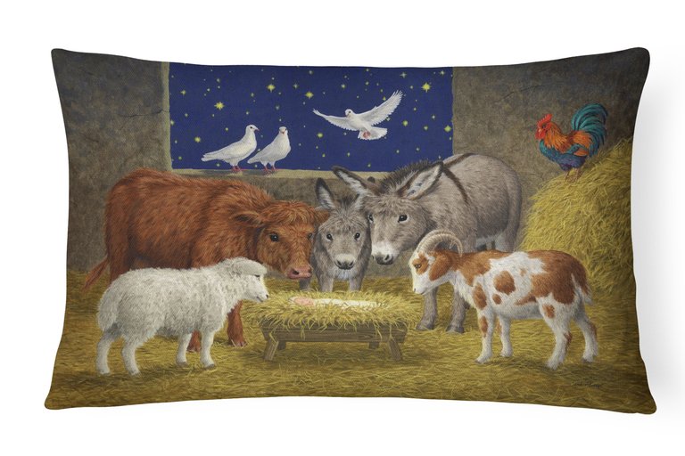 12 in x 16 in  Outdoor Throw Pillow Animals at Crib Nativity Christmas Scene Canvas Fabric Decorative Pillow