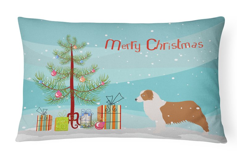 12 in x 16 in  Outdoor Throw Pillow Australian Shepherd Dog Merry Christmas Tree Canvas Fabric Decorative Pillow