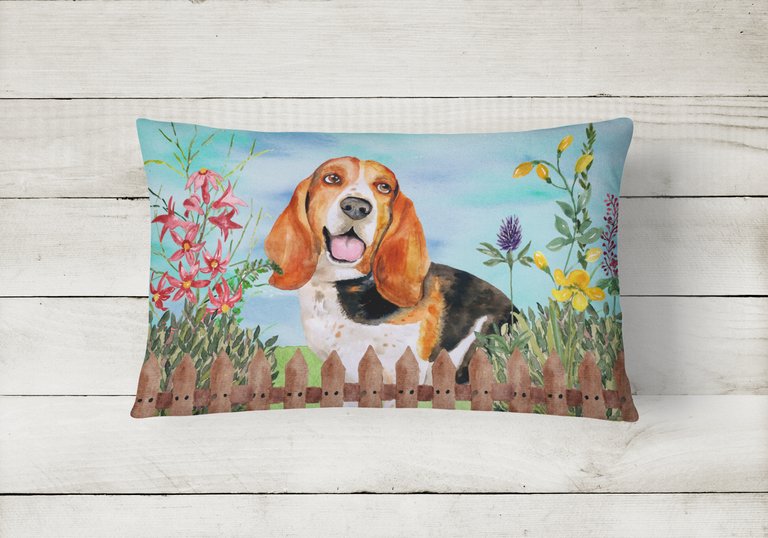 12 in x 16 in  Outdoor Throw Pillow Basset Hound Spring Canvas Fabric Decorative Pillow