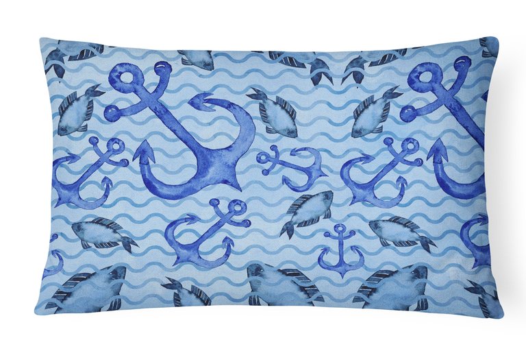 12 in x 16 in  Outdoor Throw Pillow Beach Watercolor Anchors and Fish Canvas Fabric Decorative Pillow