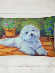 12 in x 16 in  Outdoor Throw Pillow Bichon Frise on the patio Canvas Fabric Decorative Pillow