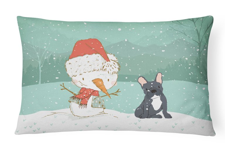 12 in x 16 in  Outdoor Throw Pillow Black French Bulldog Snowman Christmas Canvas Fabric Decorative Pillow