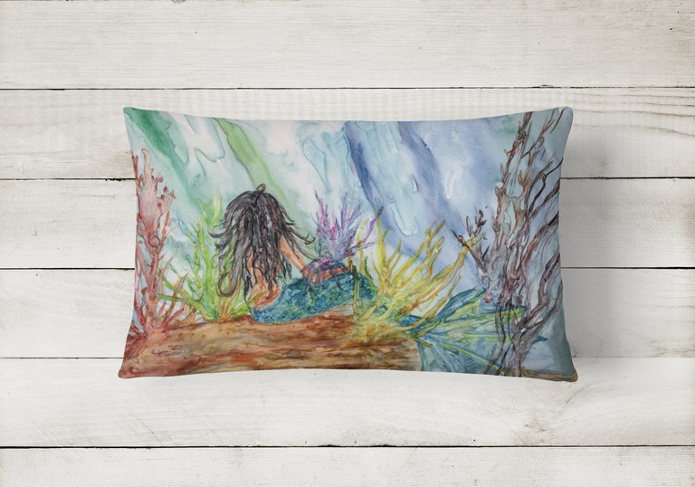 12 in x 16 in  Outdoor Throw Pillow Black Haired Mermaid Water Fantasy Canvas Fabric Decorative Pillow