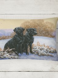 12 in x 16 in  Outdoor Throw Pillow Black Labradors in the Snow Canvas Fabric Decorative Pillow