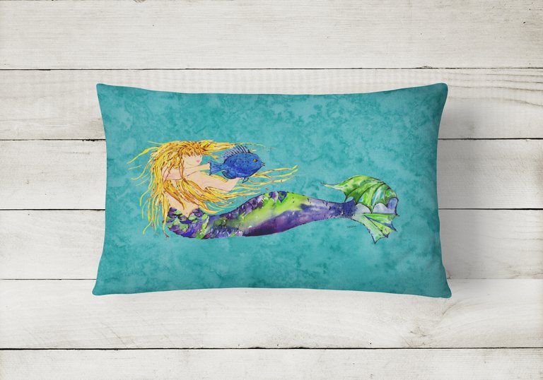 12 in x 16 in  Outdoor Throw Pillow Blonde Mermaid on Teal Canvas Fabric Decorative Pillow