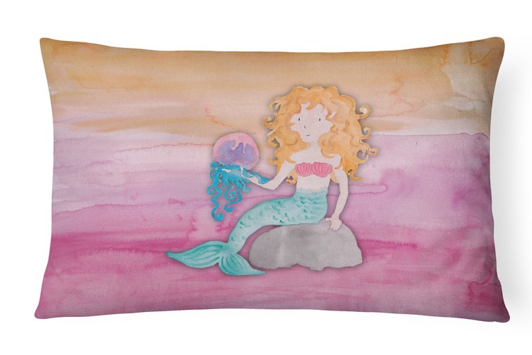 12 in x 16 in  Outdoor Throw Pillow Blonde Mermaid Watercolor Canvas Fabric Decorative Pillow