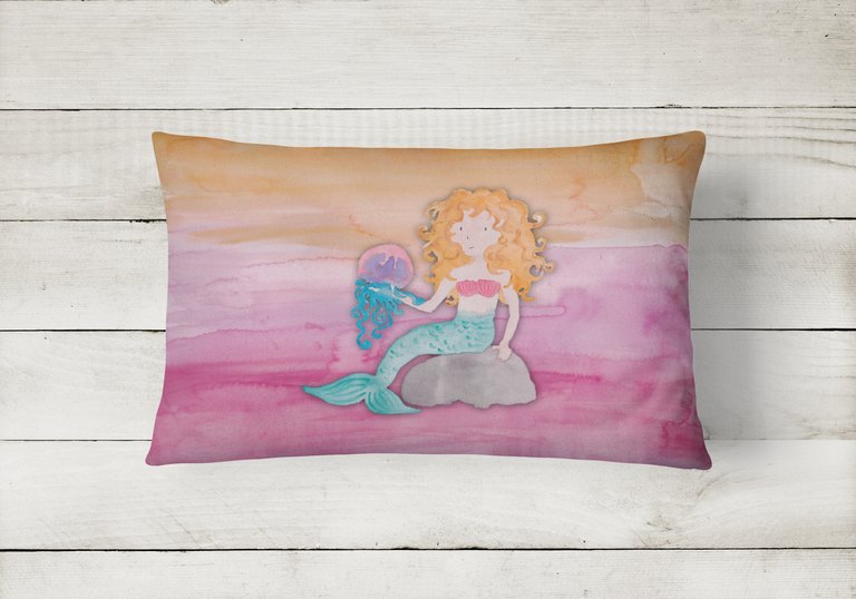 12 in x 16 in  Outdoor Throw Pillow Blonde Mermaid Watercolor Canvas Fabric Decorative Pillow
