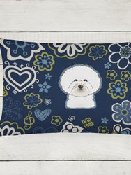 12 in x 16 in  Outdoor Throw Pillow Blue Flowers Bichon Frise Canvas Fabric Decorative Pillow
