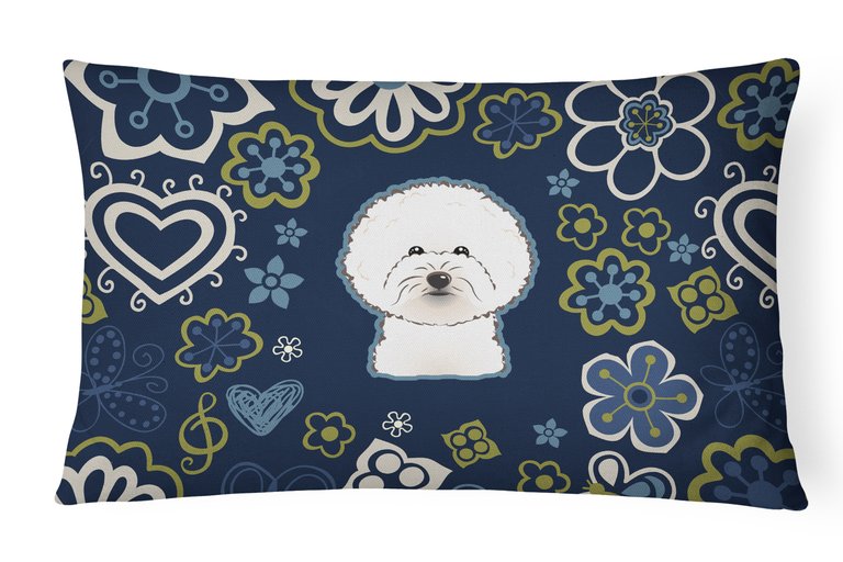 12 in x 16 in  Outdoor Throw Pillow Blue Flowers Bichon Frise Canvas Fabric Decorative Pillow