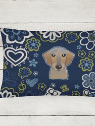 12 in x 16 in  Outdoor Throw Pillow Blue Flowers Wirehaired Dachshund Canvas Fabric Decorative Pillow