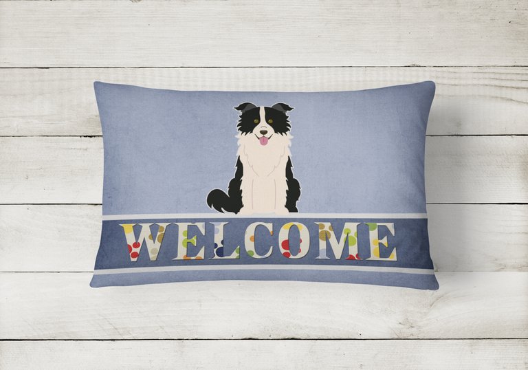 12 in x 16 in  Outdoor Throw Pillow Border Collie Black White Welcome Canvas Fabric Decorative Pillow