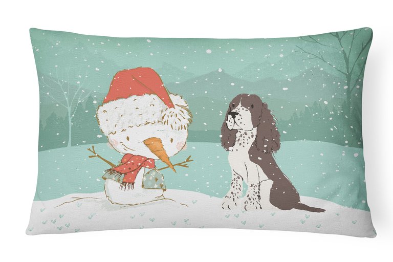 12 in x 16 in  Outdoor Throw Pillow Brown English Springer Spaniel Snowman Christmas Canvas Fabric Decorative Pillow