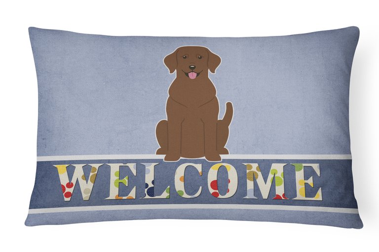 12 in x 16 in  Outdoor Throw Pillow Chocolate Labrador Welcome Canvas Fabric Decorative Pillow
