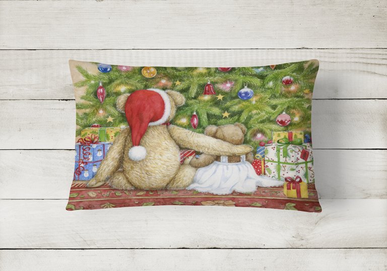 12 in x 16 in  Outdoor Throw Pillow Christmas Teddy Bears with Tree Canvas Fabric Decorative Pillow