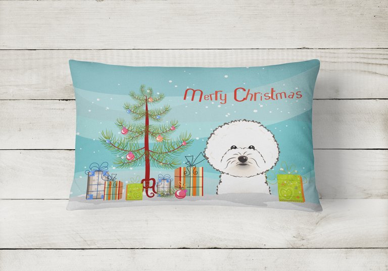 12 in x 16 in  Outdoor Throw Pillow Christmas Tree and Bichon Frise Canvas Fabric Decorative Pillow