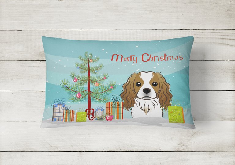 12 in x 16 in  Outdoor Throw Pillow Christmas Tree and Cavalier Spaniel Canvas Fabric Decorative Pillow