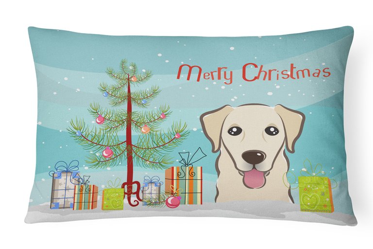 12 in x 16 in  Outdoor Throw Pillow Christmas Tree and Golden Retriever Canvas Fabric Decorative Pillow