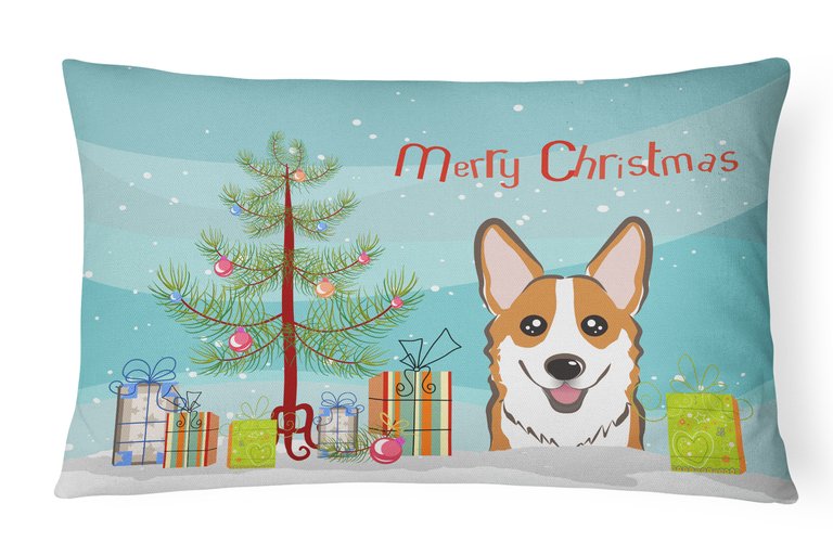 12 in x 16 in  Outdoor Throw Pillow Christmas Tree and Red Corgi Canvas Fabric Decorative Pillow