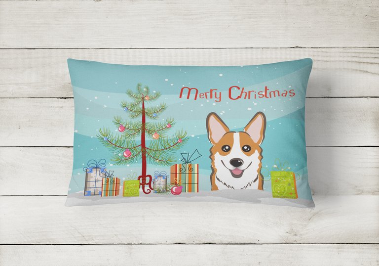 12 in x 16 in  Outdoor Throw Pillow Christmas Tree and Red Corgi Canvas Fabric Decorative Pillow