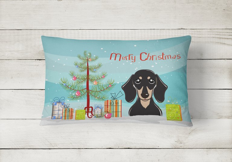 12 in x 16 in  Outdoor Throw Pillow Christmas Tree and Smooth Black and Tan Dachshund Canvas Fabric Decorative Pillow